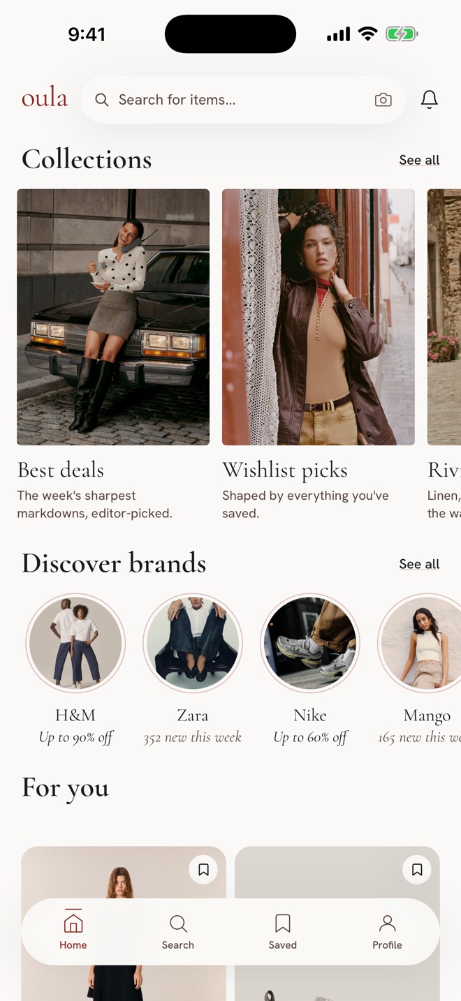 The Oula home feed: collections and brands chosen for you