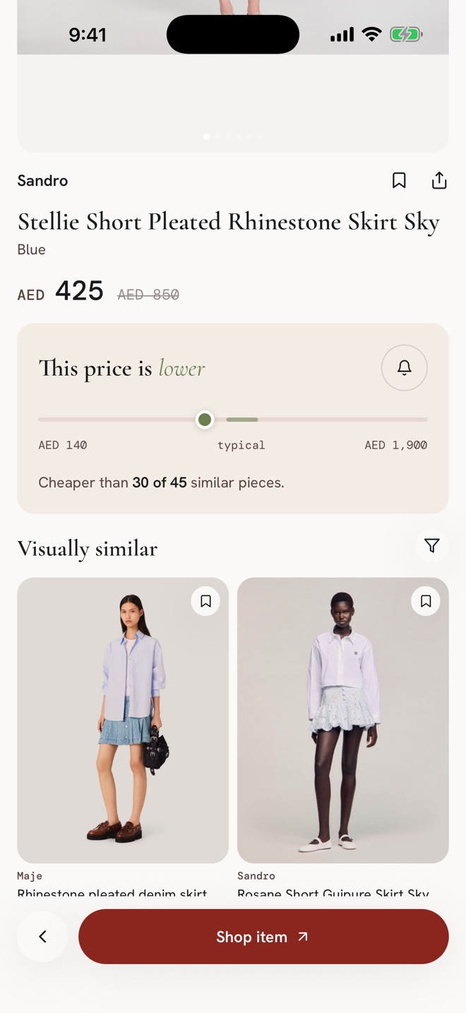 A product page in Oula showing that the price is lower than similar pieces